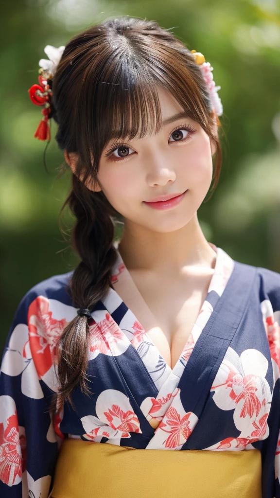 （8k、high resolution、High resolution、Fine details）Beautiful eyelashes、High resolutionの顔、Zoom out、18 years old、 Beautiful detailed eyes、Random cute hairstyles、c cup breasts、yukata、Summer festival、Japan、Standing posture、whole body