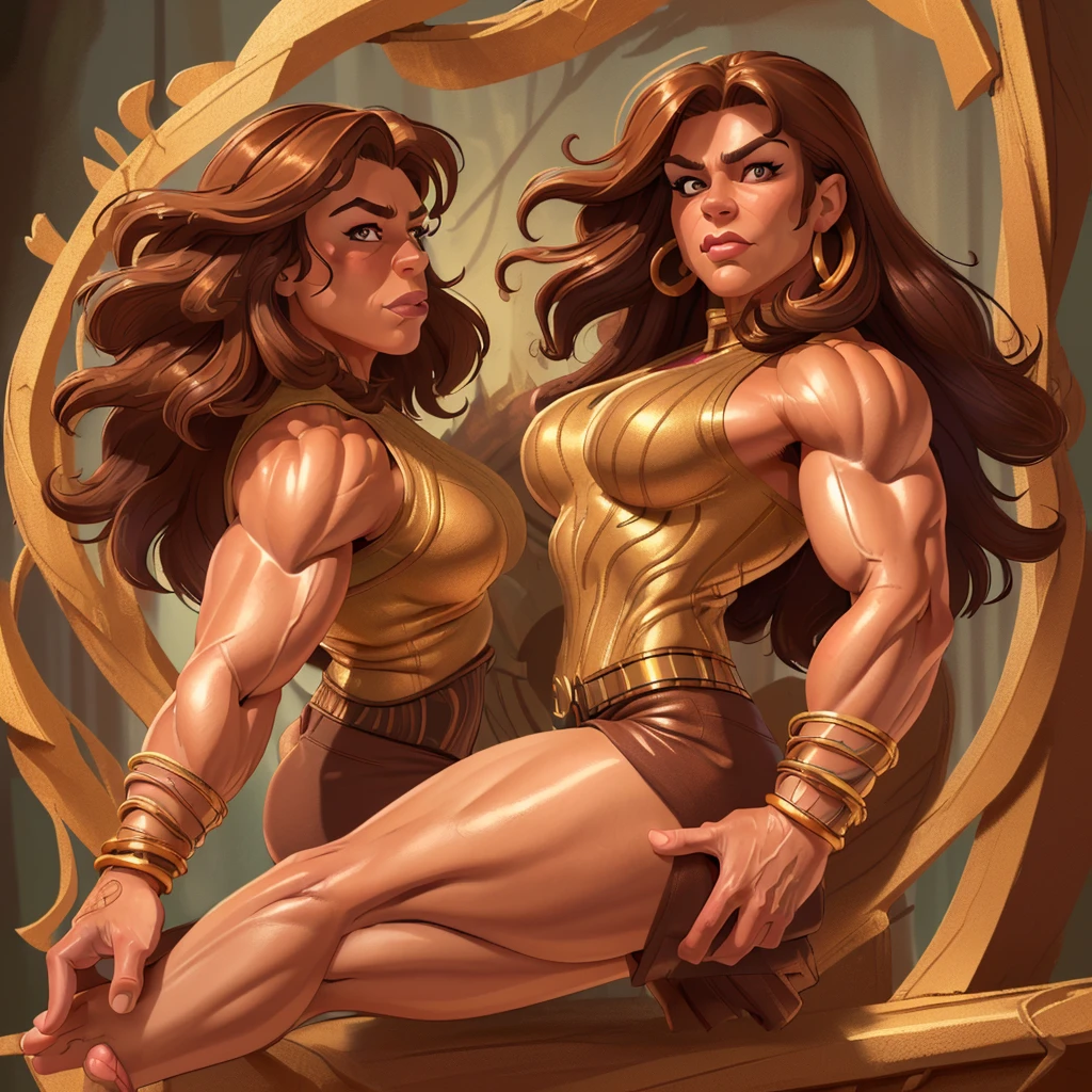 (masterpiece:1.2), (best quality), (ultra detailed), (8k, 4k, intricate),(full-body-shot:1), (highly detailed:1.2),(detailed face:1.2), (detailed background), muscle woman with brown hair wearing top and gold bracelets, muscle woman, big muscles, huge muscles, massive muscles, mature woman


