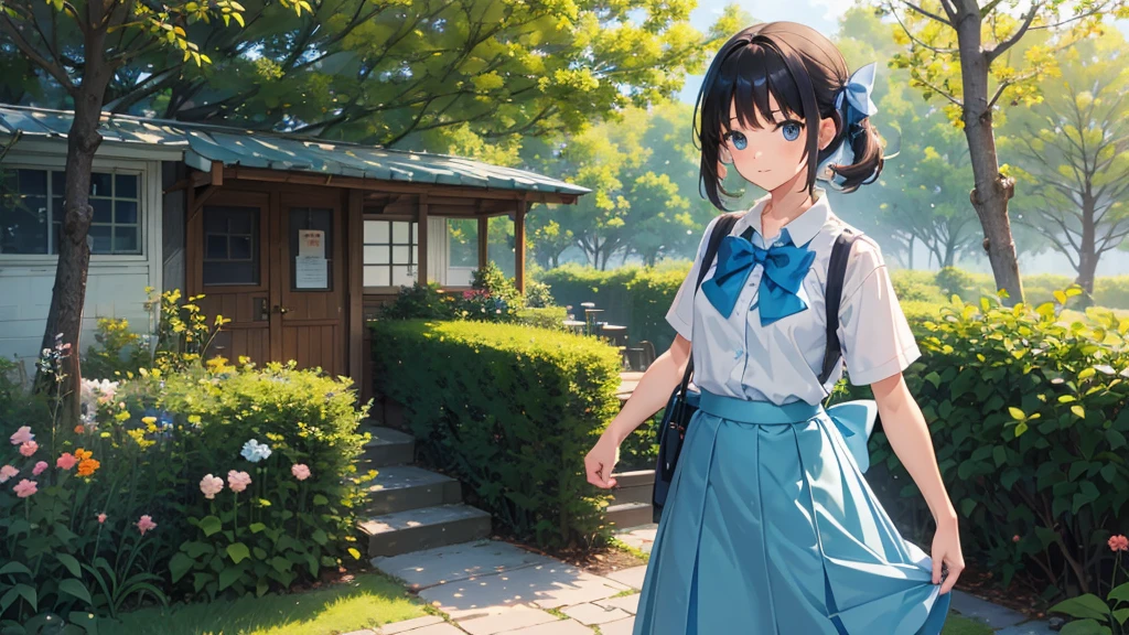 girl, student, 15 years old, Wear a uniform, Light blue skirt, Long skirt, small bow, small bow, garden, nature, nature garden, anime, anime movie