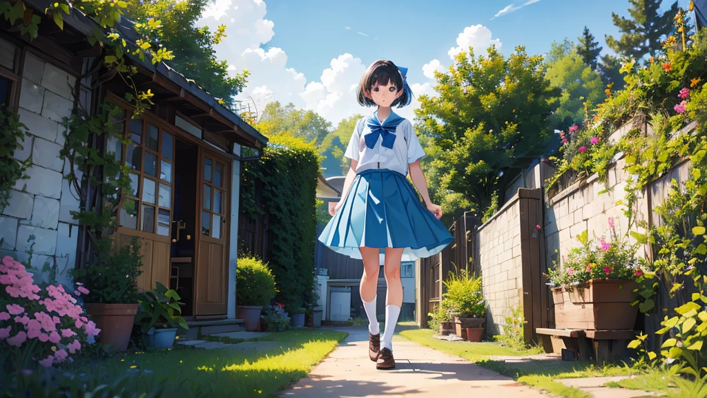 girl, student, 15 years old, Wear a uniform, Light blue skirt, Long skirt, small bow, small bow, garden, nature, nature garden, anime, anime movie