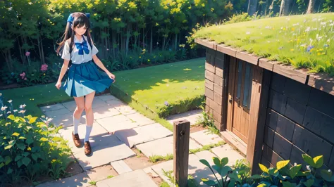 girl, student, 15 years old, Wear a uniform, Light blue skirt, Long skirt, small bow, small bow, garden, nature, nature garden, ...
