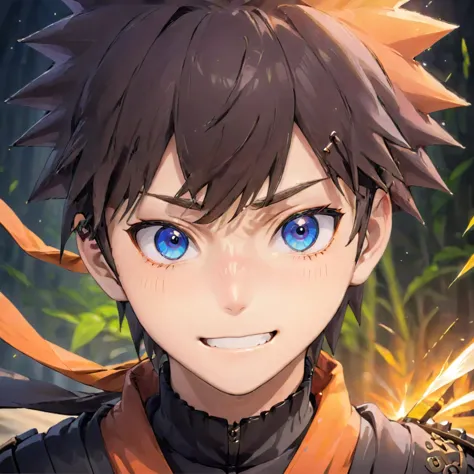 1 anime boy smiling,detailed portrait,beautiful detailed eyes,beautiful detailed lips,extremely detailed face,longeyelashes,spik...