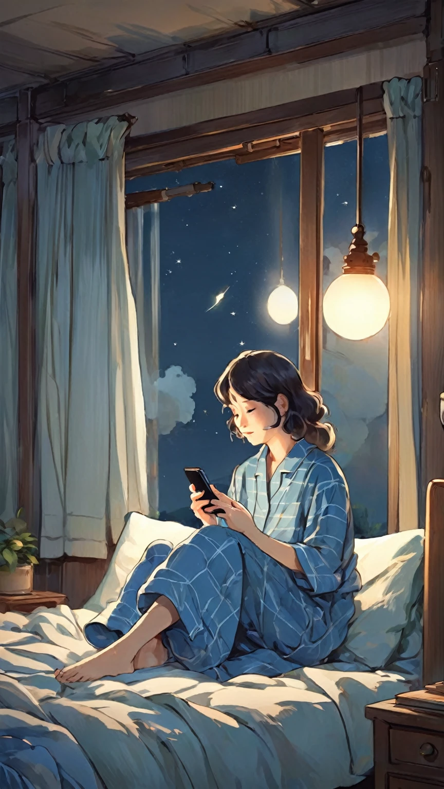 Ghibli style、A woman in pajamas having mental rest is sitting on her bed at night and looking at her smartphone