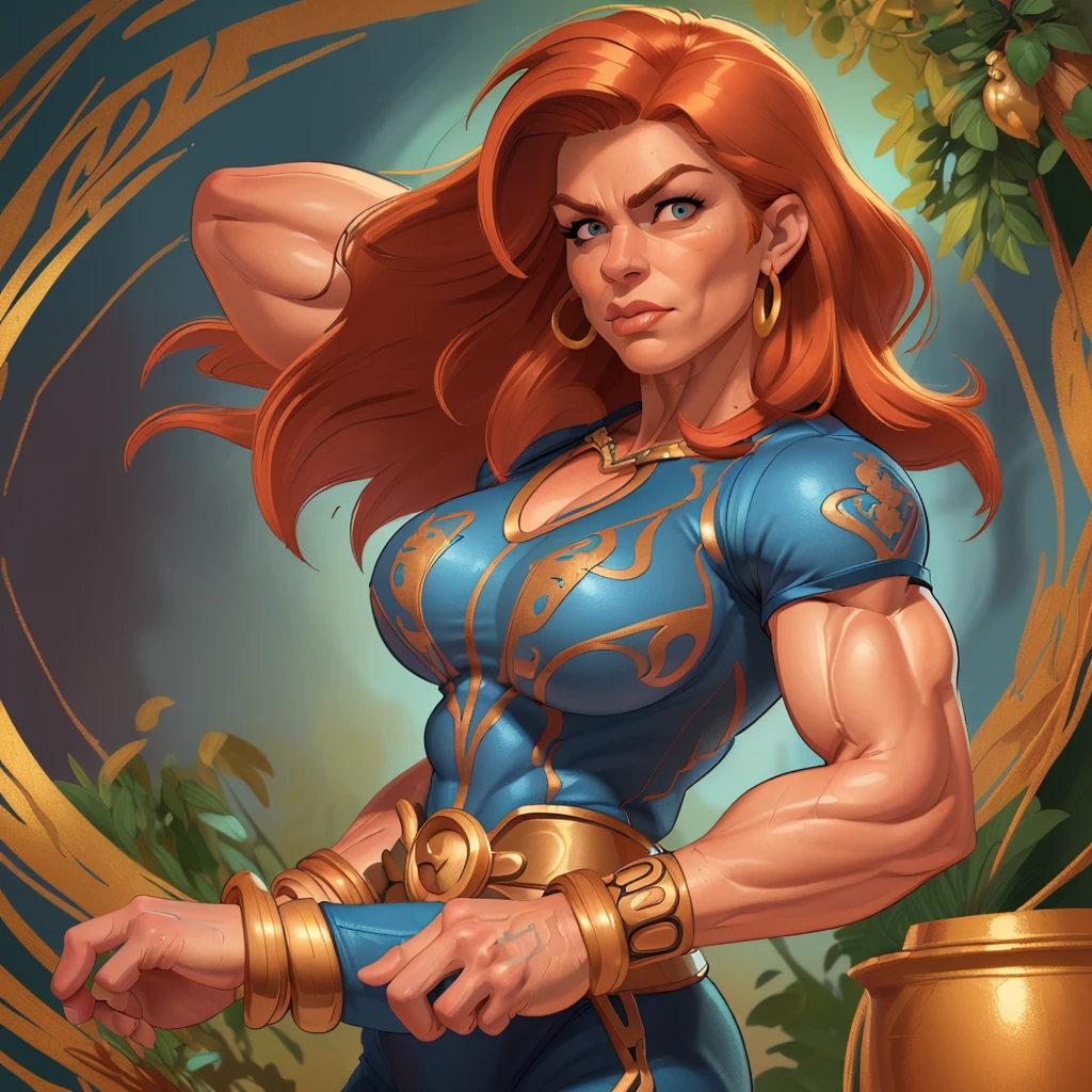 (masterpiece:1.2), (best quality), (ultra detailed), (8k, 4k, intricate),(full-body-shot:1), (highly detailed:1.2),(detailed face:1.2), (detailed background), muscle woman with red blond hair wearing blue top and gold bracelets, muscle woman, big muscles, huge muscles, massive muscles, mature woman


