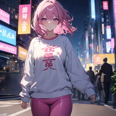 a woman wearing a white sweatshirt with pink kanji writing on the sweatshirt, tight pink pants, mature body, pink sports shoes, ...