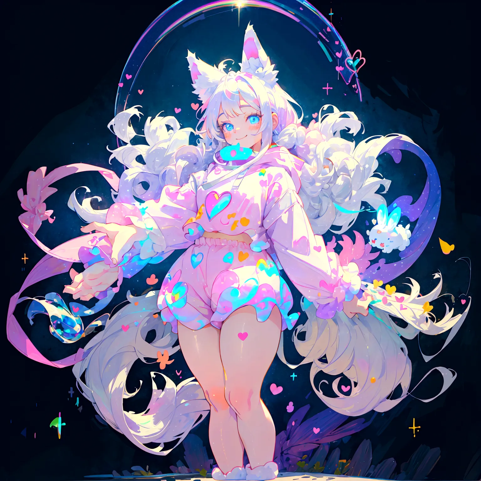 a cute adult male with wolf ears, long white hair, long locks, has a wolf tail, thick thighs, wide hips, short, wearing pink rom...