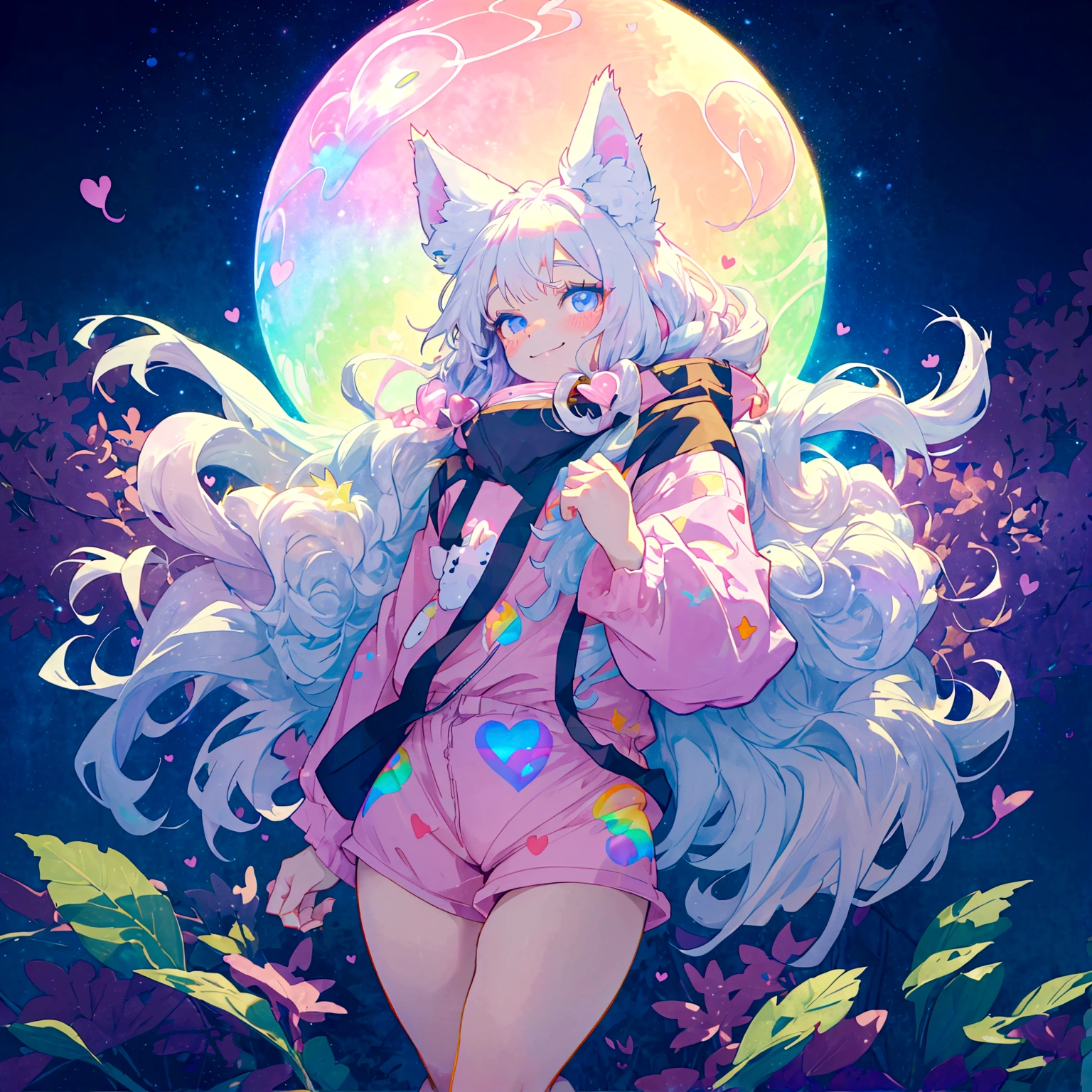 a cute adult male with wolf ears, long white hair, long locks, has a wolf tail, thick thighs, wide hips, short, wearing pink romper with a hood and pink shorts, has heart on chest, has bunny ears on hood, very slim, showing slender tummy, squishy thighs, has glowing blue eyes. alone, solo (ALONE)(SOLO), surrounded by rainbows, colorful galaxy backround, smiling, ontop of a pile of fluffy plushes, plushies everywhere, kawaii plushies, surrounded by bubbles, surrounded by rainbow leaves, standing up dancing, thicc thighs, stretching out