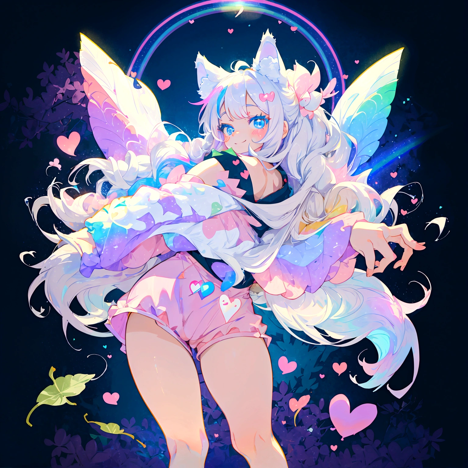 a cute adult male with wolf ears, long white hair, long locks, has a wolf tail, thick thighs, wide hips, short, wearing pink romper with a hood and pink shorts, has heart on chest, has bunny ears on hood, very slim, showing slender tummy, squishy thighs, has glowing blue eyes. alone, solo (ALONE)(SOLO), surrounded by rainbows, colorful galaxy backround, smiling, ontop of a pile of fluffy plushes, plushies everywhere, kawaii plushies, surrounded by bubbles, surrounded by rainbow leaves, standing up dancing, thicc thighs, stretching out