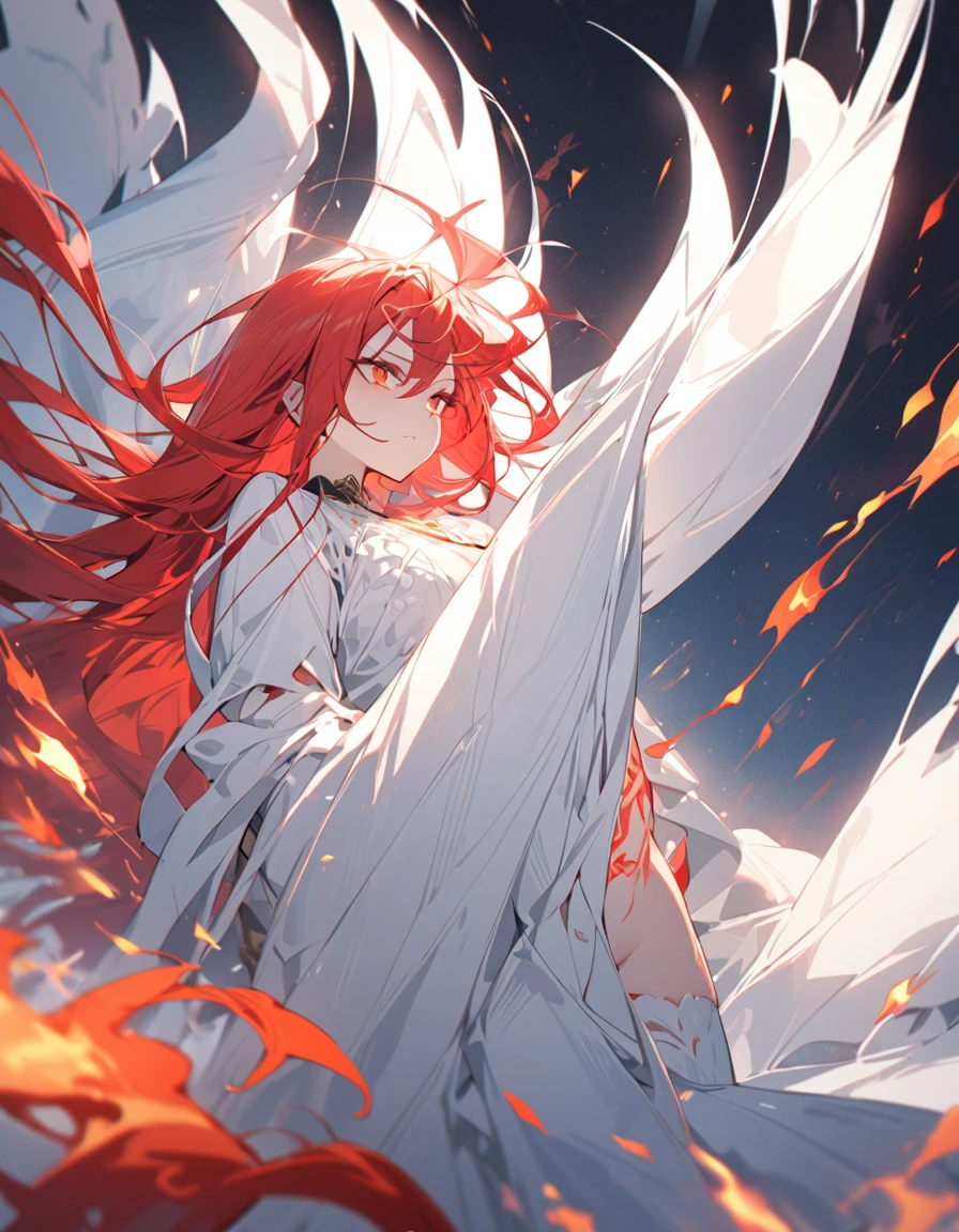 masterpiece　Detailed description　A woman with very long red hair　Very intense flames all over　Spell　
