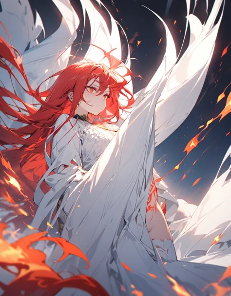 masterpiece　detailed description　a woman with very long red hair　very intense flames all over　spell