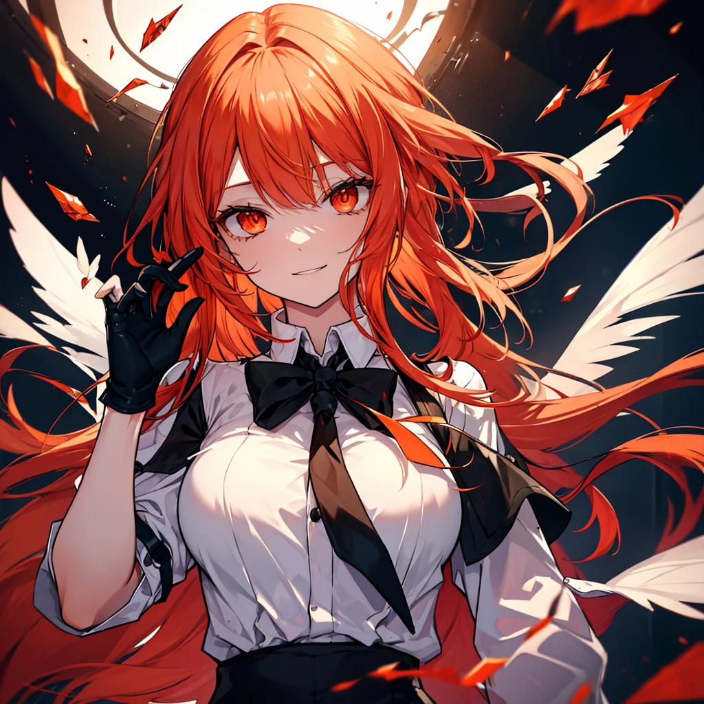 ((((Makima))))　(((Fantasy　Orange Hair　Long Hair　Dull red eyes)))　((Black tie　White Shirt))　((gloves　Creepy Smile))　(((Broken glass)))　(star)　Catch the wind　autumn　Shining Background　 Shining Edge