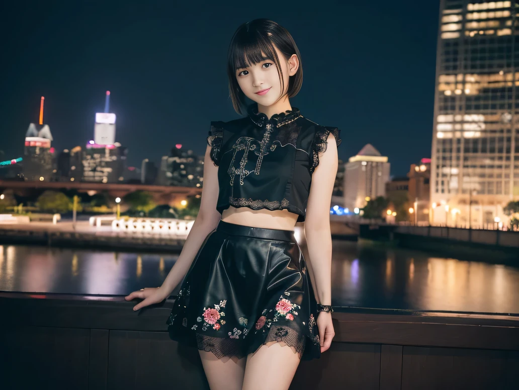 (8K, RAW Photos:1.2), Detailed face and eyes,最high quality, Ultra-high resolution, Very detailed ,Intricate details ,Tabletop ,pretty girl ,Round eyes、 Soft cinematic light, Hyper Detail,Sharp focus, high quality, Brown Hair,((Bobcut))、(Straight bangs)、City of night、Night view、 ((Black Crop Top))、((Black tulle skirt))、”dwarf”、(Full Body Shot)、Waist、(I can see your thighs)、Cowboy Shot、Smile、Floral clothes、