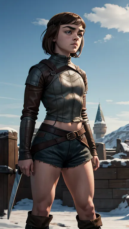 8k, maisie williams face, athletic physique, toned abs, small breast, round ass, her round ass visible, brown hair, maisie willi...