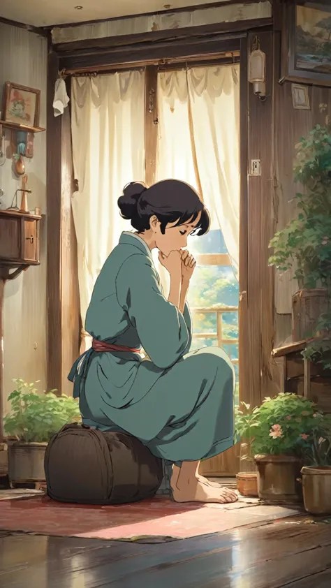 ghibli style、a woman crouching in tears in her room