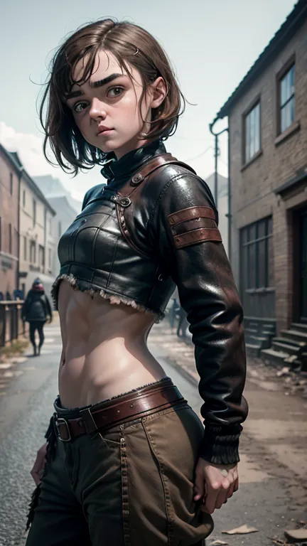 8k, maisie williams face, toned abs, small breast, round ass, her round ass visible, brown hair, maisie williams as arya stark, ...