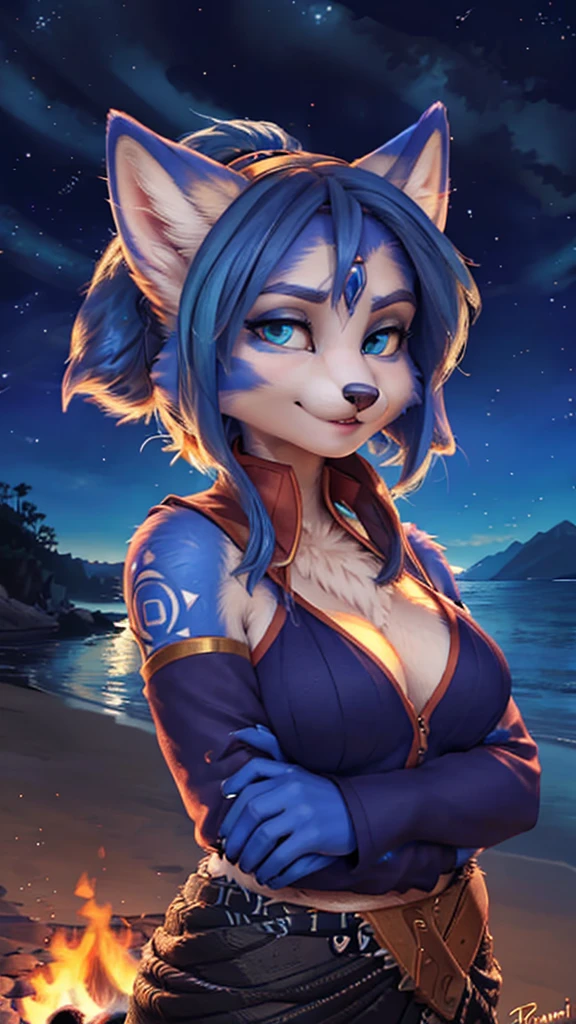 A beautiful and detailed (sweet portrait) wa ((Krystal)), Star Fox Krystal, sslim, lovable, green eyes, medium breasts, (((Long blue hair 1.3))), Decollete, anthro, furry, Uploaded E621, detailed fluffy fur, (wa Fluff-Kevlar, Bayard Wu, Personalami, Pino Daeni), detailed face, (fluffy), 1 girl, alone, sweet girl, Fur dresses, tattooed arms, dark shadows, smiling, at a beach, in the night time, Stars in the sky, dark blue sky, lit by a campfire, 4K
