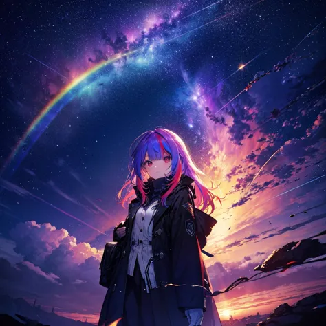 (((fantasy　rainbow hair　make your hair rainbow-colored on the inside　long hair　dull red eyes)))　((has a galaxy　uniform　put on a ...