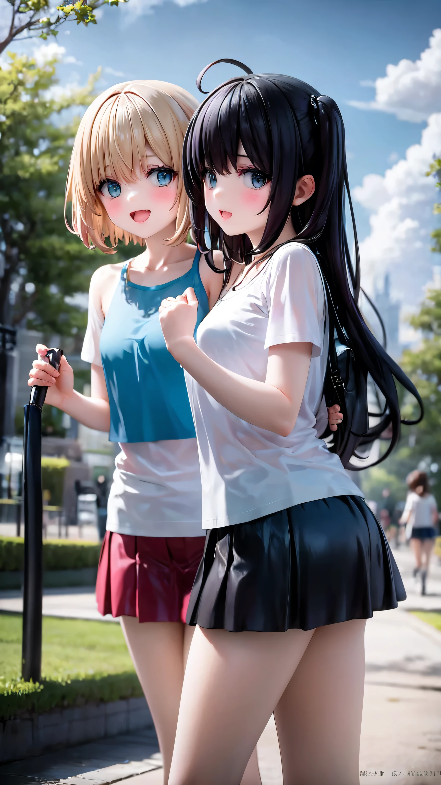 Chicas anime con faldas cortas posando para una foto en un parque. - SeaArt  AI