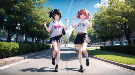 11 year old twin sisters having fun in the park、T-Shirts、mini skirt、camisole