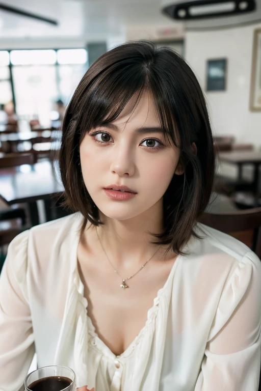 (award winning, 8k, super detailed, high resolution, best quality, photography, portrait), 1girl, solo, beautiful girl, beautiful eyes, detailed eyes, (black eye), white blouse, short hair, black hair, sitting in cafe, POV, ((upper body))