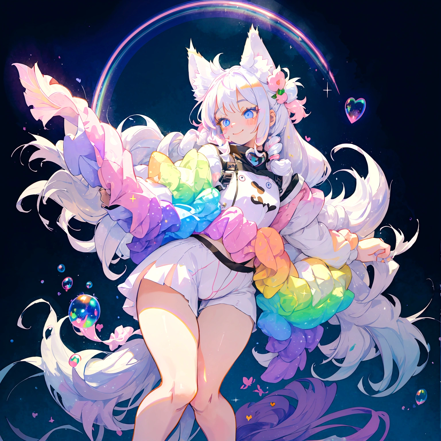 a cute adult male with wolf ears, long white hair, long locks, has a wolf tail, thick thighs, wide hips, short, wearing pink romper with a hood and pink shorts, has heart on chest, has bunny ears on hood, very slim, showing slender tummy, squishy thighs, has glowing blue eyes. alone, solo (ALONE)(SOLO), surrounded by rainbows, colorful galaxy backround, smiling, on knees ontop of a pile of fluffy plushes, plushies everywhere, kawaii plushies, surrounded by bubbles, surrounded by rainbow leaves, standing up dancing, thicc thighs, stretching out, hands covered