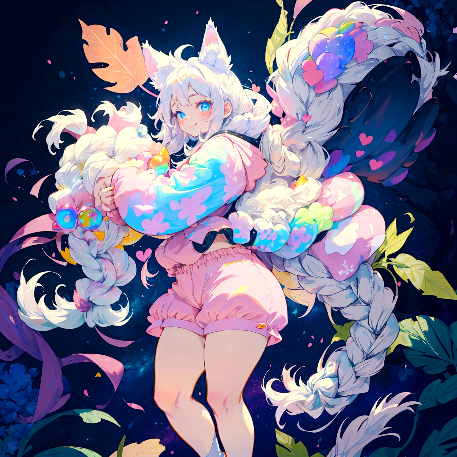 a cute adult male with wolf ears, long white hair, long locks, has a wolf tail, thick thighs, wide hips, short, wearing pink romper with a hood and pink shorts, has heart on chest, has bunny ears on hood, very slim, showing slender tummy, squishy thighs, has glowing blue eyes. alone, solo (ALONE)(SOLO), surrounded by rainbows, colorful galaxy backround, smiling, on knees ontop of a pile of fluffy plushes, plushies everywhere, kawaii plushies, surrounded by bubbles, surrounded by rainbow leaves, standing up dancing, thicc thighs, stretching out, hands covered