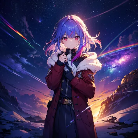 (((fantasy　rainbow hair　make your hair rainbow-colored on the inside　long hair　dull red eyes　close-up)))　((has a galaxy　uniform　...