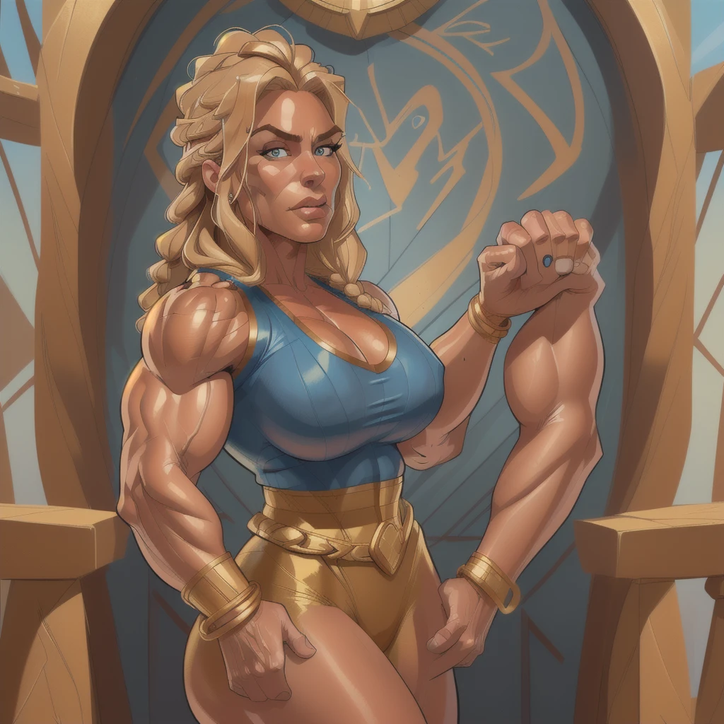 (masterpiece:1.2), (best quality), (ultra detailed), (8k, 4k, intricate),(full-body-shot:1), (highly detailed:1.2),(detailed face:1.2), (detailed background), muscle woman with blond braided hair wearing blue top and gold bracelets, muscle woman, big muscles, huge muscles, massive muscles, mature woman


