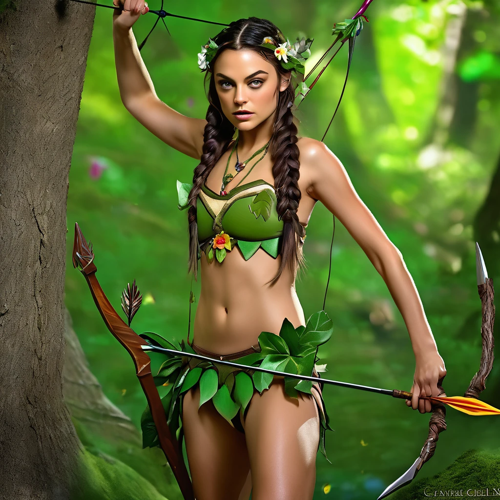 A beautiful young woman (Mila Kunis 25) with piercing eyes, delicate features, and waist length flowing dark hair with colorful flowers braided in, playing an elf in a naturalistic forest setting, wearing a fig leaf bikini and wielding a handcrafted bow and crude natural arrows, firing at goblin-shaped targets hanging from the trees, masterpiece, ultra-detailed, hyper-realistic, dramatic lighting, vivid colors, cinematic composition
