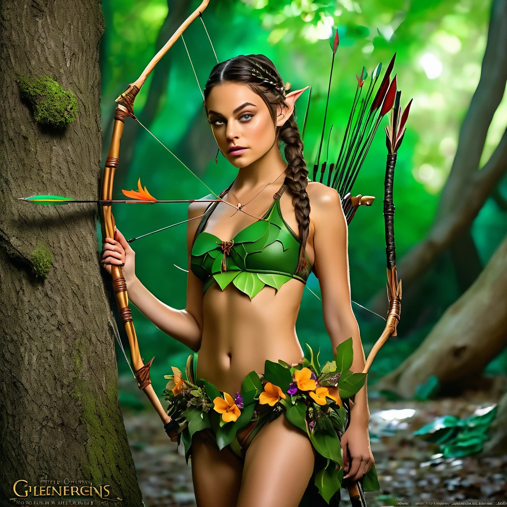 A beautiful young woman (Mila Kunis 25) with piercing eyes, delicate features, and waist length flowing dark hair with colorful flowers braided in, playing an elf in a naturalistic forest setting, wearing a fig leaf bikini and wielding a handcrafted bow and crude natural arrows, firing at goblin-shaped targets hanging from the trees, masterpiece, ultra-detailed, hyper-realistic, dramatic lighting, vivid colors, cinematic composition
