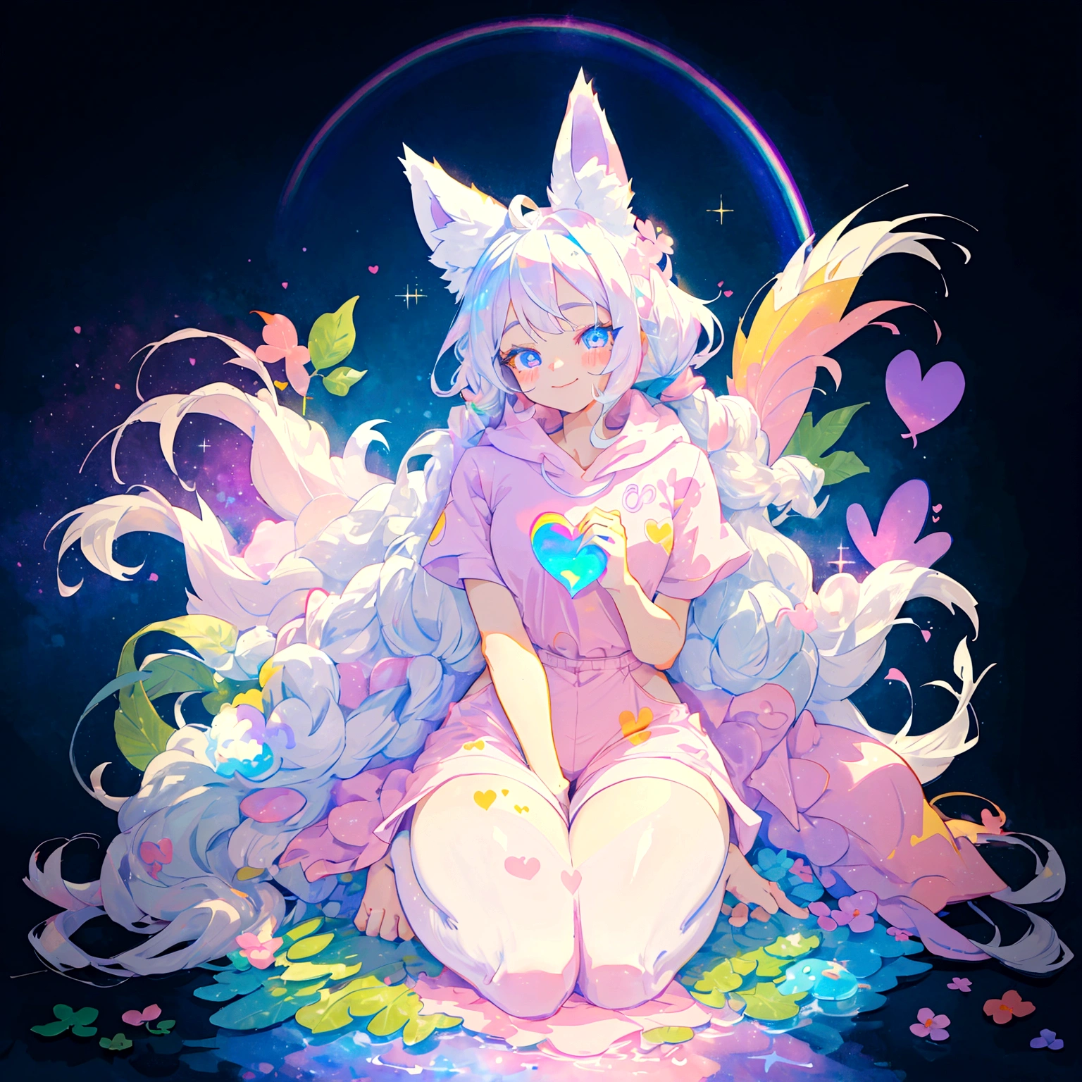 a cute adult male with wolf ears, long white hair, long locks, has a wolf tail, thick thighs, wide hips, short, wearing pink romper with a hood and pink shorts, has heart on chest, has bunny ears on hood, very slim, showing slender tummy, squishy thighs, has glowing blue eyes. alone, solo (ALONE)(SOLO), surrounded by rainbows, colorful galaxy backround, smiling, on knees ontop of a pile of fluffy plushes, plushies everywhere, kawaii plushies, surrounded by bubbles, surrounded by rainbow leaves, thicc thighs, stretching out, hands covered