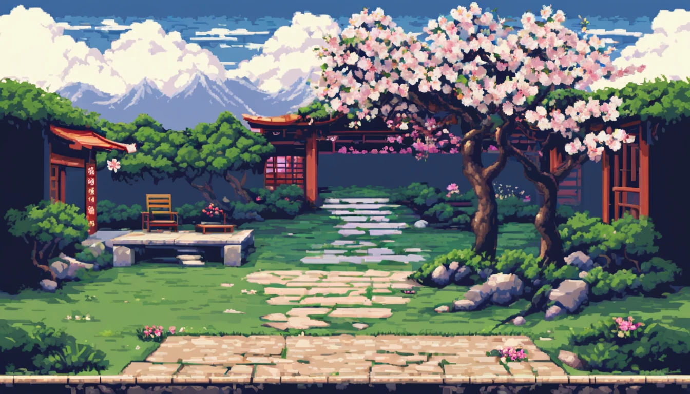 a japanese themed backyard with a sakura tree, a small patio set with one chair and small table, a white stone path and a flowering bush background multiple texture spritesheet, pop-art-and-cartoon-style themed, 2d side scroller game, front view, pixel art