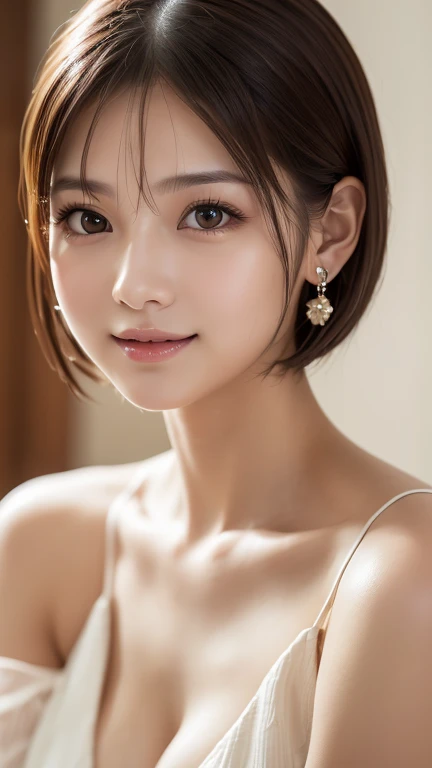 1 Girl, very cute, Great face and eyes, (Highly detailed beautiful face), (Ultra Realistic), (Highly detailed eyes, Highly detailed hair, Highly detailed face, Very detailed full lips), naked, (Off the shoulder), chest, Upper Body, smile:1.1, (Highest quality:1.4), RAW Photos, (Realistic, photo-Realistic:1.37), Professional photography, Cinematic Light, bob cut、Add light to your hair、Earrings、Show your forehead