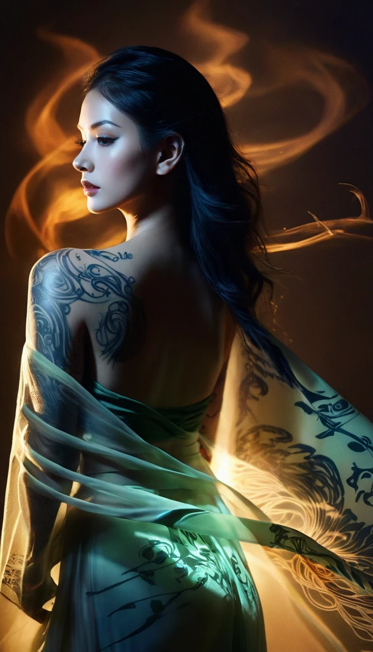 Double Exposure Style,Volumetric Lighting,a girl (Supermodel) with Wrap top,arching her back, beautiful tattoo, Traditional Attire,Artistic Calligraphy and Ink,light depth,dramatic atmospheric lighting,Volumetric Lighting,double image ghost effect,image combination,double exposure style,