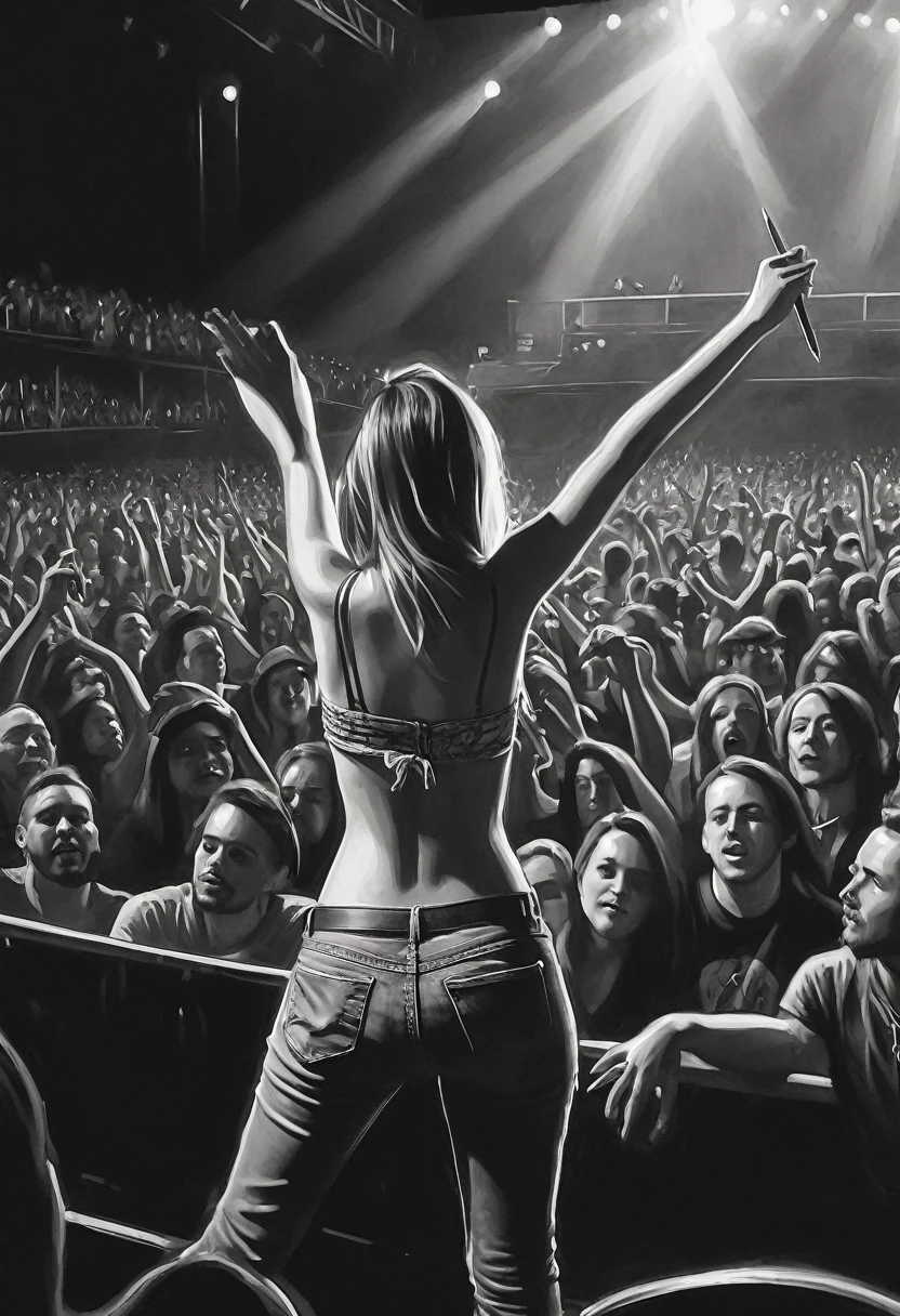 Charcoal pencil drawing, black andwhite, work of art, Create a digital painting, 4K, best qualityer, sexytoon, of an audience member at a rock concert
