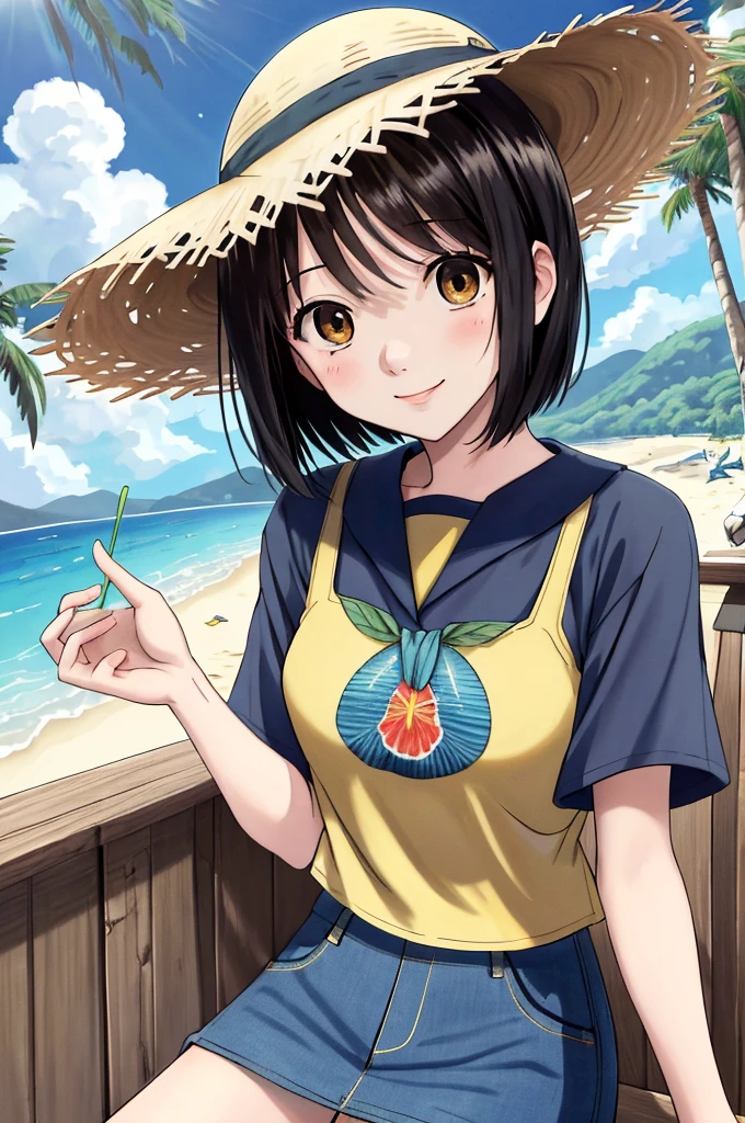 (masterpiece)、Highest quality、Ultra-high resolution、in front_Misaki、Short Hair、cute、Two-tone shirt、Denim skirt、beach、The best smile、sit、blue sea、Beautiful Landscape、Straw hat、View your viewers、Wave one hand、The blazing sun、beautiful girl、Blue sky、Yellow and black shirt、Tropical Juice、watermelon、