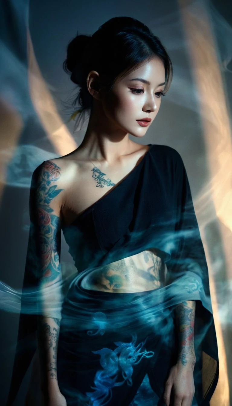 Double Exposure Style,Volumetric Lighting,a girl (Supermodel) with Wrap top,arching her back, beautiful tattoo, Traditional Attire,Artistic Calligraphy and Ink,light depth,dramatic atmospheric lighting,Volumetric Lighting,double image ghost effect,image combination,double exposure style,