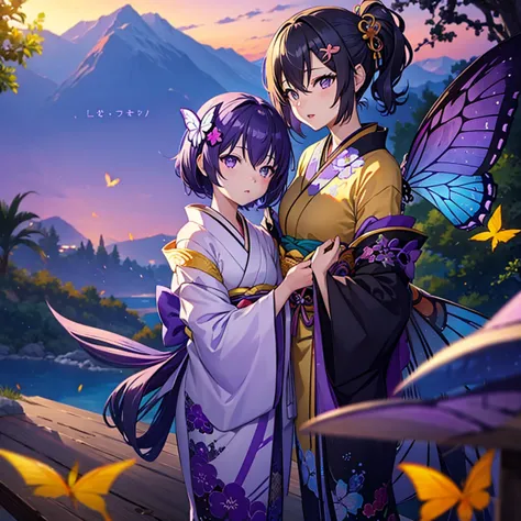 (((Shinobu Kocho　Purple Eyes　Black Hair　Purple bristles)))　((kimono　hair ornaments))　((Purple butterfly))　(star)　Catch the wind　...