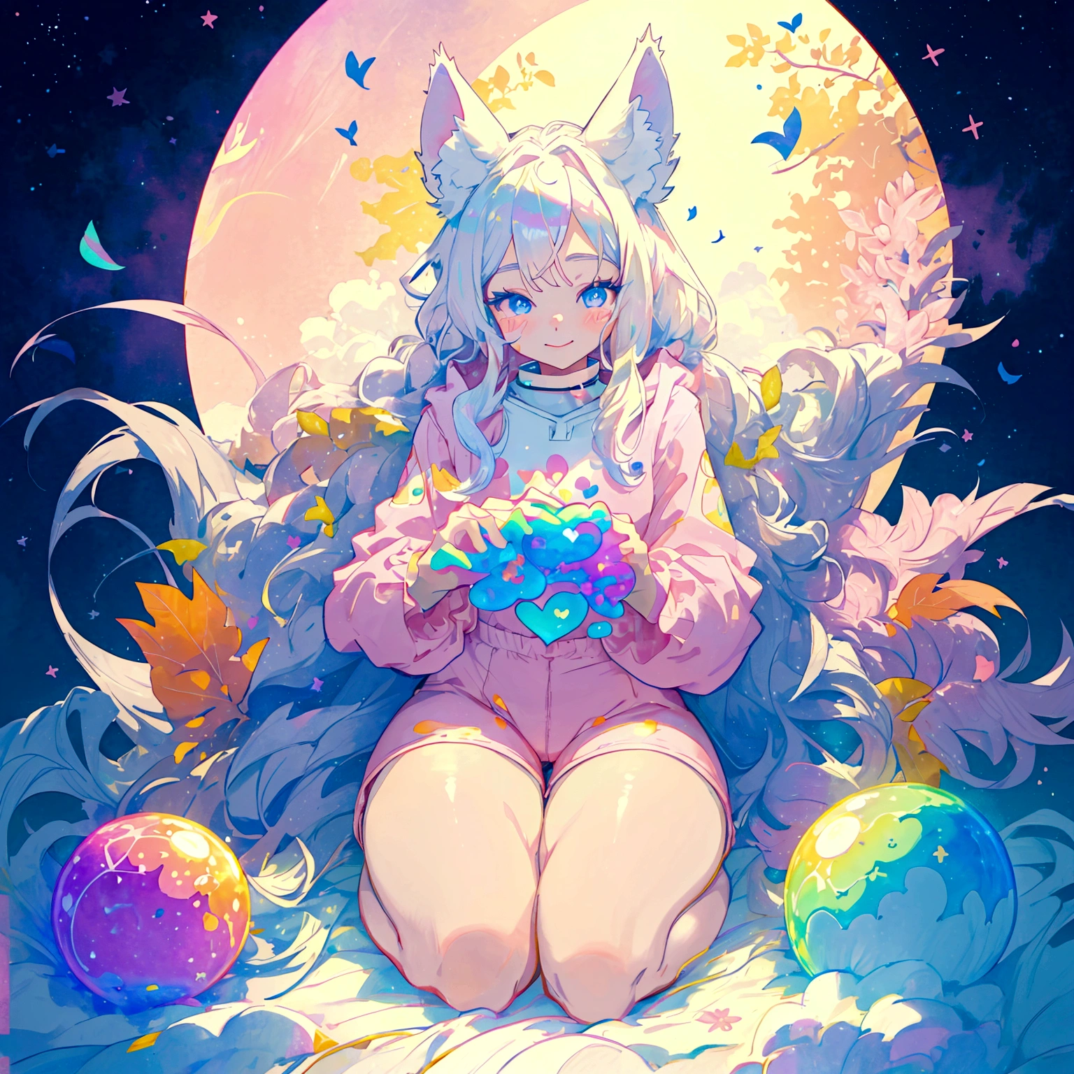 a cute adult male with wolf ears, long white hair, long locks, has a wolf tail, thick thighs, wide hips, short, wearing pink romper with a hood and pink shorts, has heart on chest, has bunny ears on hood, very slim, showing slender tummy, squishy thighs, has glowing blue eyes. alone, solo (ALONE)(SOLO), surrounded by rainbows, colorful galaxy backround, smiling, on knees ontop of a pile of fluffy plushes, plushies everywhere, kawaii plushies, surrounded by bubbles, surrounded by rainbow leaves, thicc thighs, stretching out, hands covered