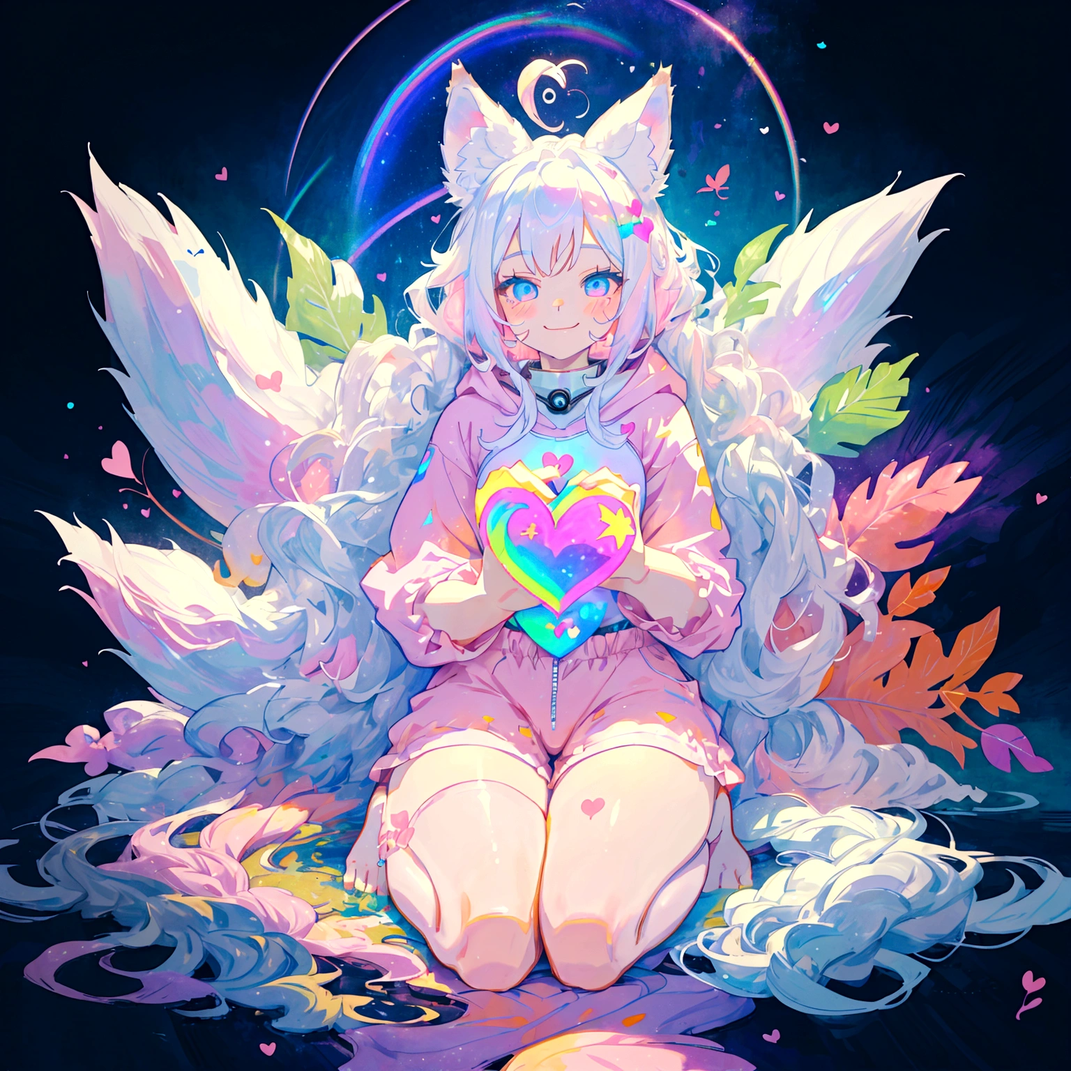 a cute adult male with wolf ears, long white hair, long locks, has a wolf tail, thick thighs, wide hips, short, wearing pink romper with a hood and pink shorts, has heart on chest, has bunny ears on hood, very slim, showing slender tummy, squishy thighs, has glowing blue eyes. alone, solo (ALONE)(SOLO), surrounded by rainbows, colorful galaxy backround, smiling, on knees ontop of a pile of fluffy plushes, plushies everywhere, kawaii plushies, surrounded by bubbles, surrounded by rainbow leaves, thicc thighs, stretching out, hands covered