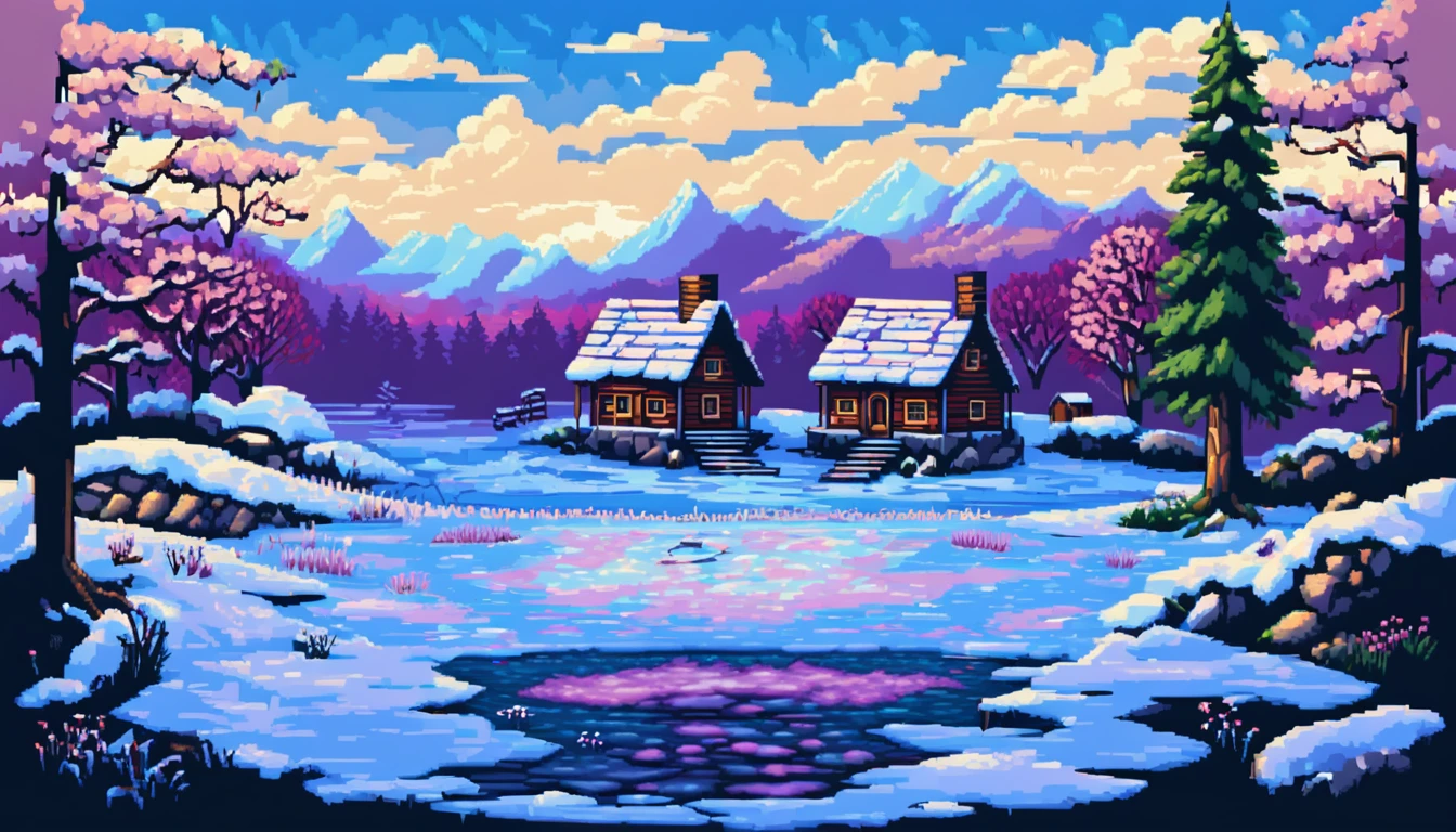 a winter themed backyard with patches of snow, a leafless tree, a small cabin, a stone path and a frozen pond in the background multiple texture spritesheet, pop-art-and-cartoon-style themed, 2d side scroller game, front view, pixel art