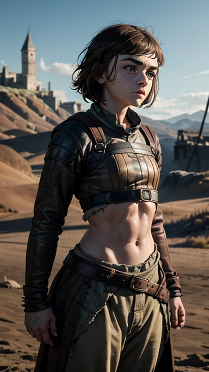 8k, Maisie Williams face, toned abs, small breast, round ass, her round ass visible, brown hair, Maisie Williams as Arya Stark, torn ragged peasant clothes, standing stance, winterfell in background