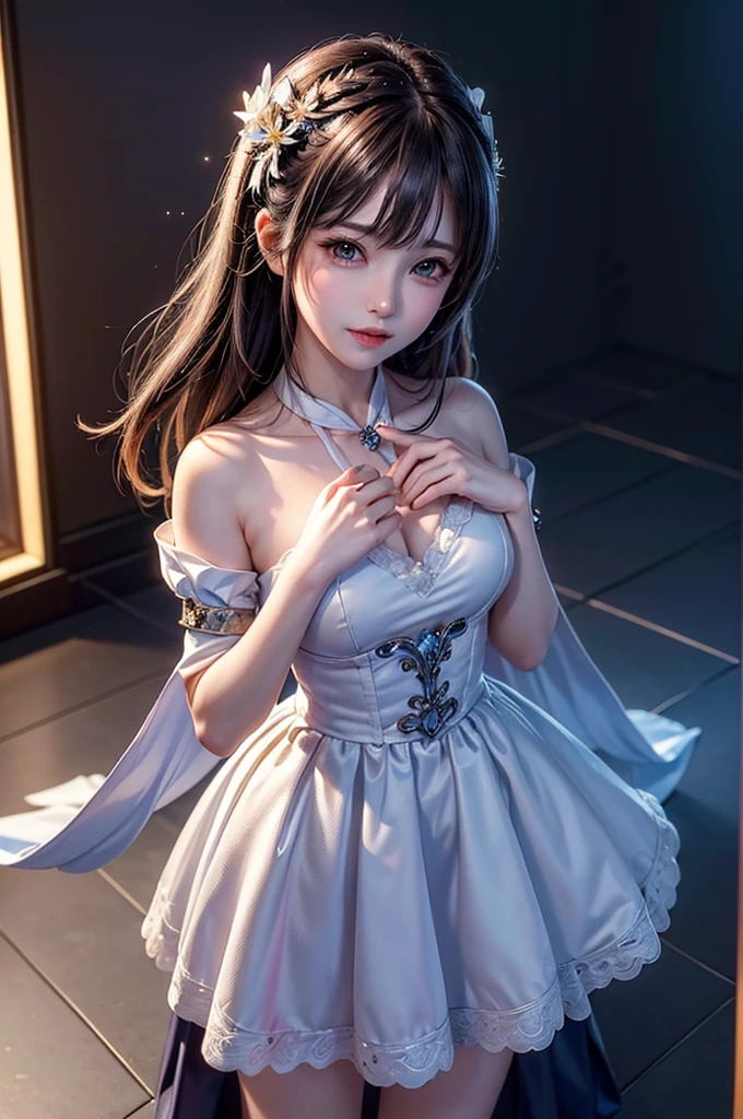 ((Image above the chest:1.5))((masterpiece:1.5、8k、Tabletop、Photorealistic and very detailed CG、Very detailed、Particle Effects、Dynamic Effects、Shallow depth of field、Cinematic Light、Lens flare、Ray Tracing、Tabletop、Realistic:1.4、Ultra-high resolution:1.2、Realistic、Realistic))((alone、A woman wearing an idol&#39;s dress:1.4、Elegant and sexy woman、Detailed face、brightexpression、young, bright, Whiter skin、Medium chest、Beautiful cleavage、Best Looks、ASİAN、Ultimate beauty、bright and shiny hair,、Super long, Silky straight hair、Hair dancing in the wind))(spectacular night sky、White Knight、Amazing starry sky)((shiny white hair))
