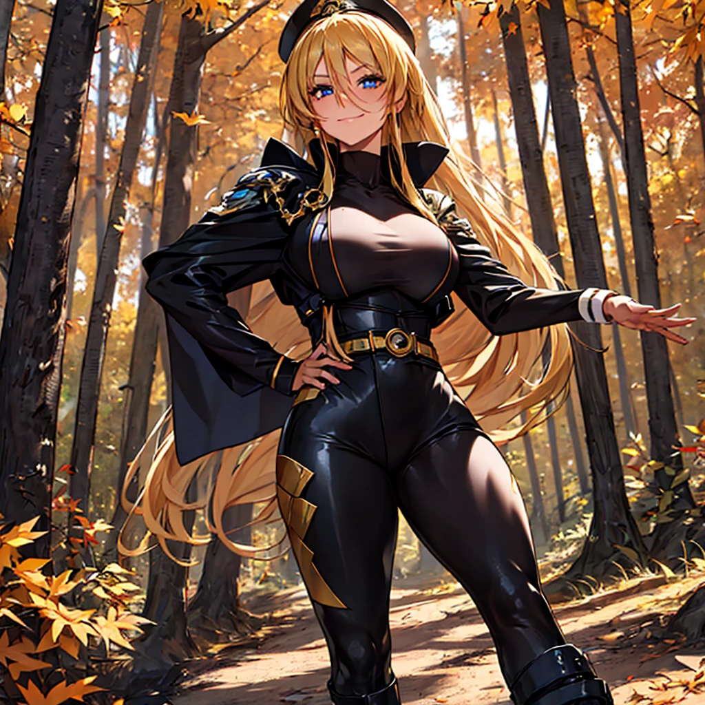 A woman wearing a black ranger uniform with gold details, ranger hat, blonde hair, long hair, blue eyes, smiling, black boots, big breasts, walking on a dirt road, orange trees, autumn weather, in a forest , daytime location, forest climate.. UHD , prime work , accurate , anatomically correct , textured skin , super details , high quality , best quality, 8k, high resolution, bokeh effect. (woman alone), close view
