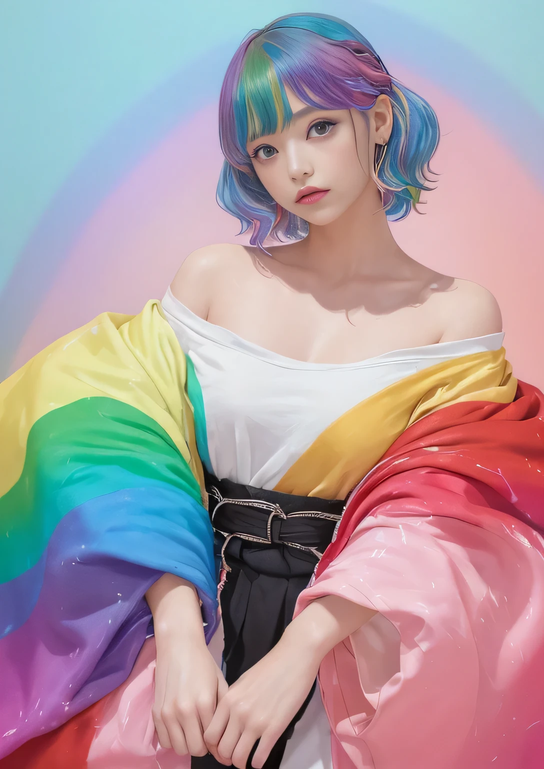 (Pink Fashion T-shirt:1.9)、(Colorful hair:1.8)、(All the colors of the rainbow:1.8)、((((vertical painting:1.6)))、(painting:1.6)、front、big eyes、Pure eyes、(彩虹色gradient高马尾:1.7)、Exquisite makeup、mouth close、(Small fresh:1.5)、(Wipe Chest:1.6)、Long eyes、A woman wearing a white off-shoulder T-shirt、Man with tears in his eyes、(Rainbow Hair:1.6)、Color Explosion, Messy lines, ((shine)), (Colorful), Chic painting style, (Color Splash), vertical, Not suitable for working hours、 Paint splash, Acrylic paint, gradient, Depth of Field, facepainting, Colorful clothes, (elegant: 1.2), Gorgeous,Length of hair, wind, (elegant: 1.3), (petal:1.4)、(((masterpiece)))、(((Top quality)))、((Ultra Detailed))、(Dynamic Angle)、((Plankton))、(painting)、((Messy hair))、(独奏)、((Beautiful and delicate face))、My shoulder hurts、White hair、((Colorful hair))、(((Horizontal hair))、Beautiful and delicate eyes、(gradient色眼睛)、((Snap Toes))、(Colored background))))、((((High chroma))))、(((Surrounded by colorful colors)))whole body