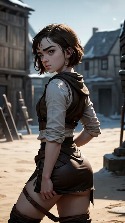 8k, maisie williams face, toned abs, small breast, round ass, her round ass visible, brown hair, maisie williams as arya stark, ...