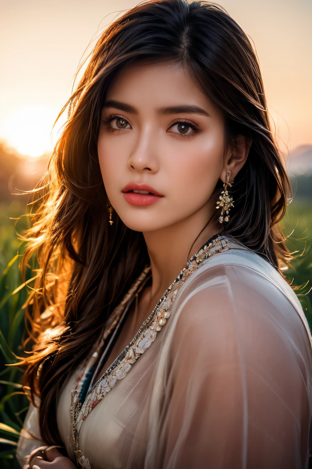 ((majestic:1.5)), ((hyper realistic:1.5)), uhd:1.3, RAw photo, intricately detailed, beautiful sunrise over rice fields in India, Indian farmers harvesting rice, beautiful detailed eyes, beautiful detailed lips, extremely detailed eyes and face, long eyelashes, traditional Indian clothing, serene rural landscape, golden hour lighting, warm color tones, soft focus, photorealistic, 8k, high resolution, masterpiece, ultra-detailed, professional photography, vibrant colors, natural lighting, cinematic composition