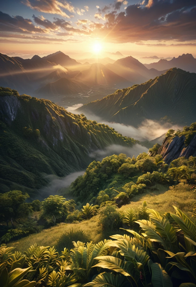 une belle montagne avec le soleil derrière elle dans la matinée brillante, Beau ciel détaillé, Éclairage dramatique, très détaillé, Photoréaliste, 8k, Cinématique, heure d&#39;or, soleil éclatant, paysage magnifique, Brume, végétation luxuriante, Ambiance tranquille, serein, pacifique, nuages dramatiques, palette de couleurs chaudes