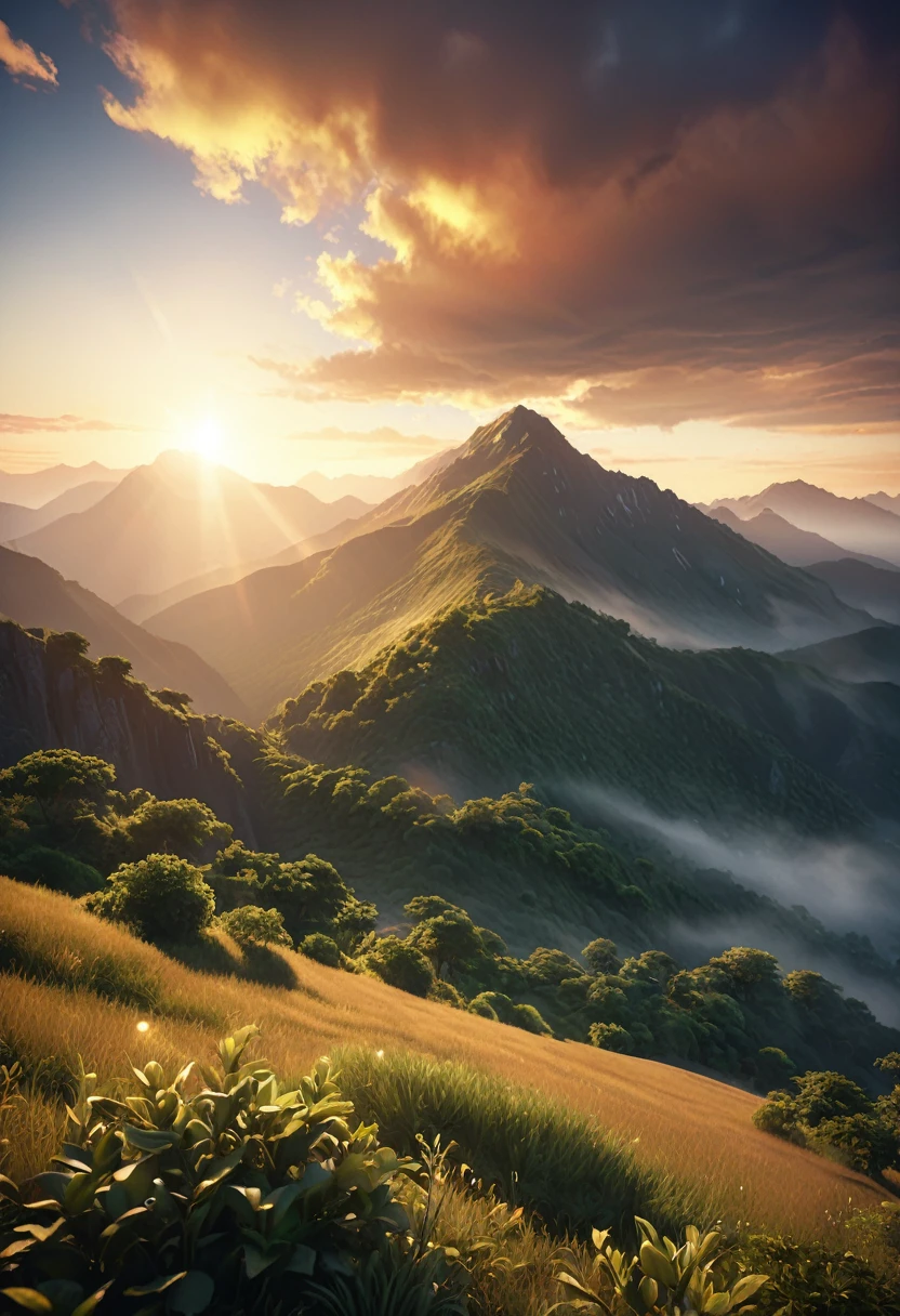 a beautiful mountain with the sun behind it in the shiny morning, beautiful detailed sky, dramatic lighting, highly detailed, photorealistic, 8k, cinematic, golden hour, glowing sun, stunning landscape, mist, lush vegetation, tranquil atmosphere, serene, peaceful, dramatic clouds, warm color palette