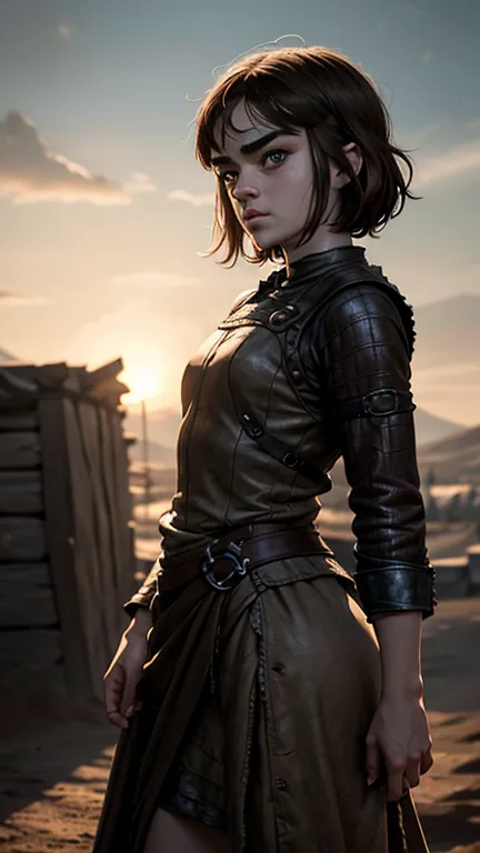 8k, maisie williams face, toned abs, small breast, round ass, her round ass visible, brown hair, maisie williams as arya stark, ...